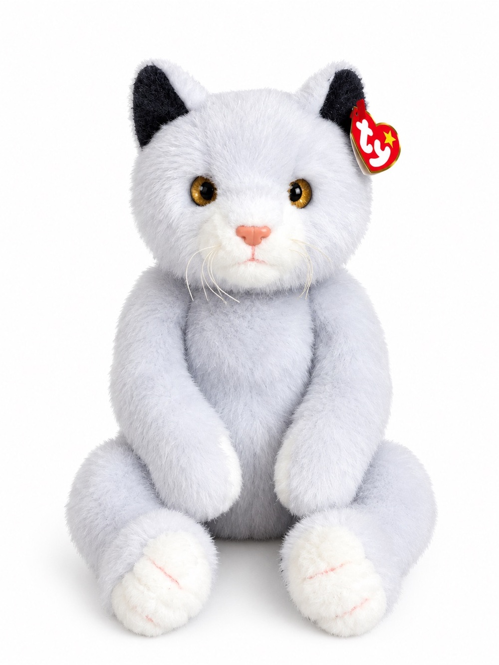 Vintage Ty Classic Light Gray & White Plush Cat with Amber Eyes “Pearl” 2000
